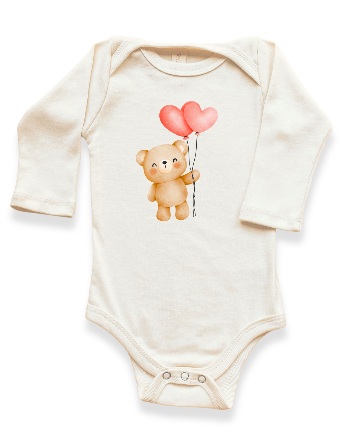 Heart Balloon Bear Organic Baby Bodysuit Long Sleeve - 0-3M, 3-6M, 6-12M, 12-18M, 18-24M