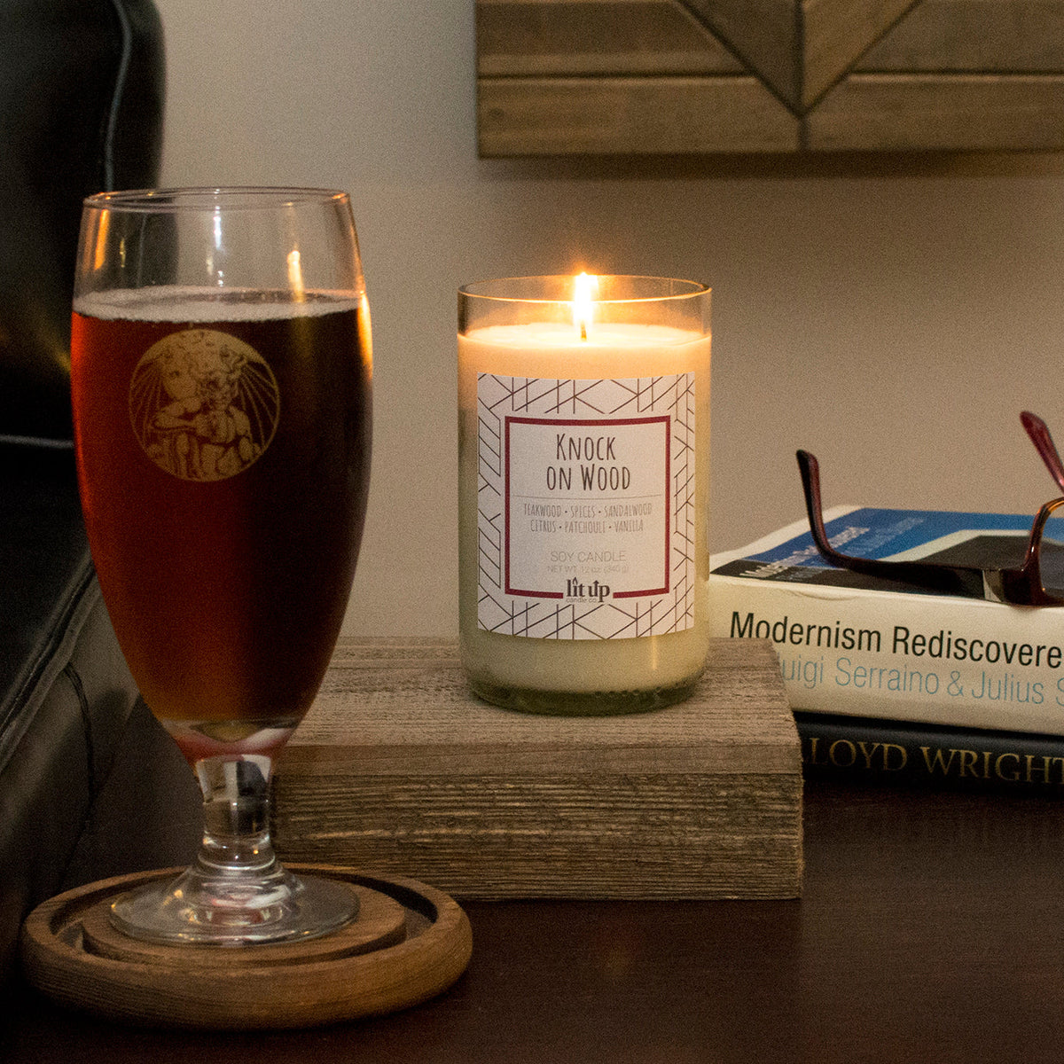 Knock on Wood 12 oz. soy candle in upcycled wine bottle - view 2