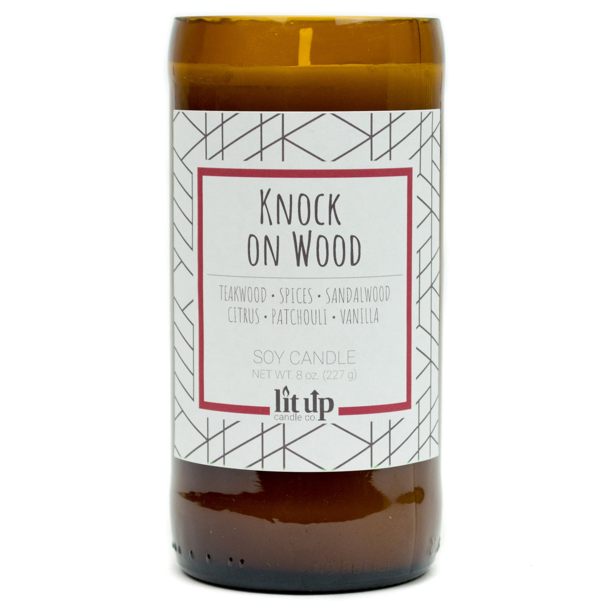 Knock on Wood 8 oz. soy candle in upcycled beer bottle