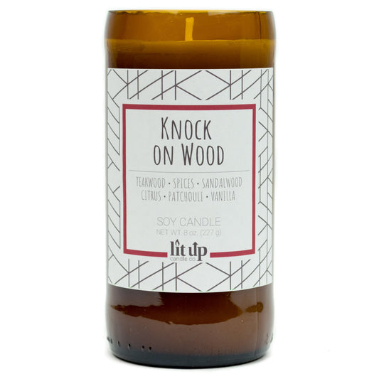 Knock on Wood 8 oz. soy candle in upcycled beer bottle