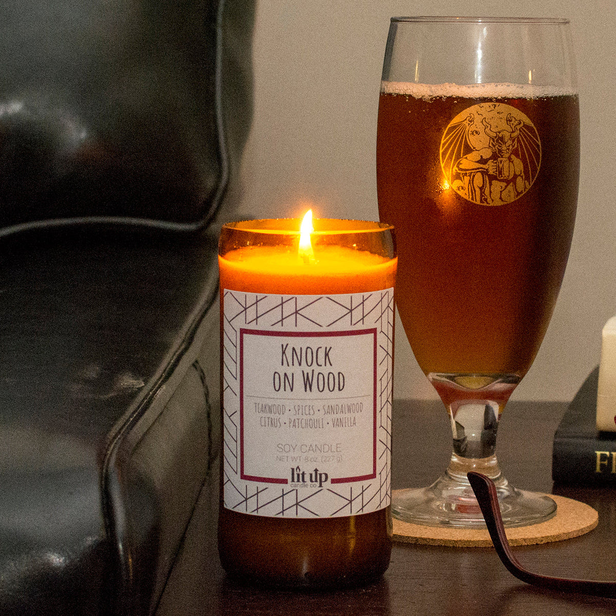 Knock on Wood 8 oz. soy candle in upcycled beer bottle - view 2