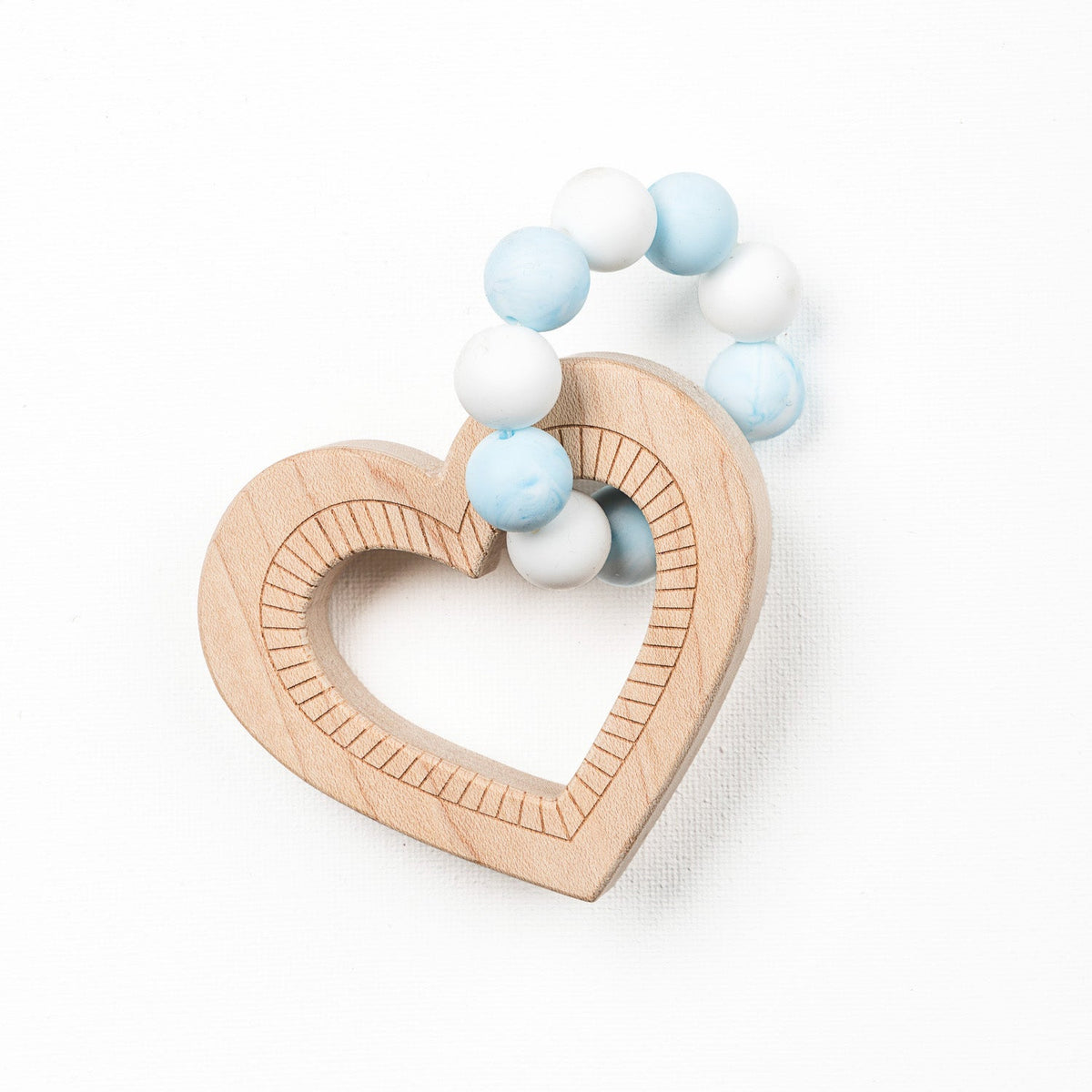 Silicone Bead Teether with Organic Cotton Bag - Heart with Blue Beads