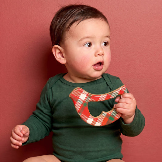 Solid Maple Wood Bird Rattle & Teether (Christmas Plaid) – Natural Wooden Baby Toy | Made in the USA 🇺🇸