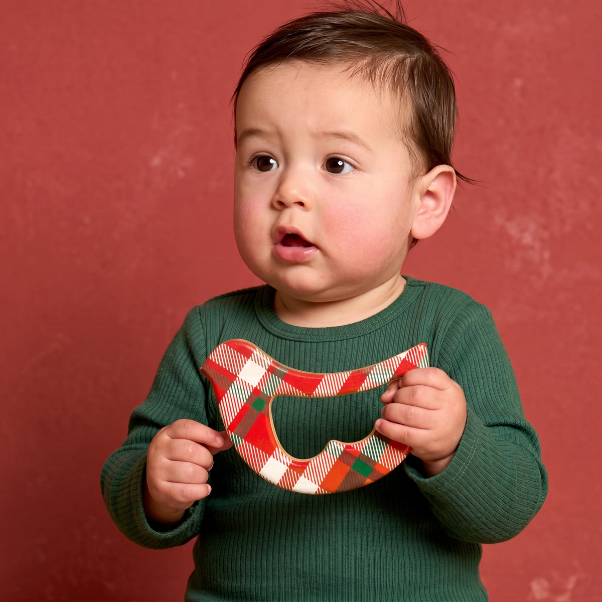 Solid Maple Wood Bird Rattle & Teether (Christmas Plaid) – Natural Wooden Baby Toy | Made in the USA 🇺🇸