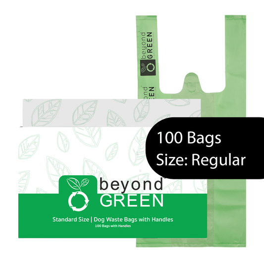 Green Dog Waste Bags - 8" x 16" with 5" Gusset & Handles - Made in USA