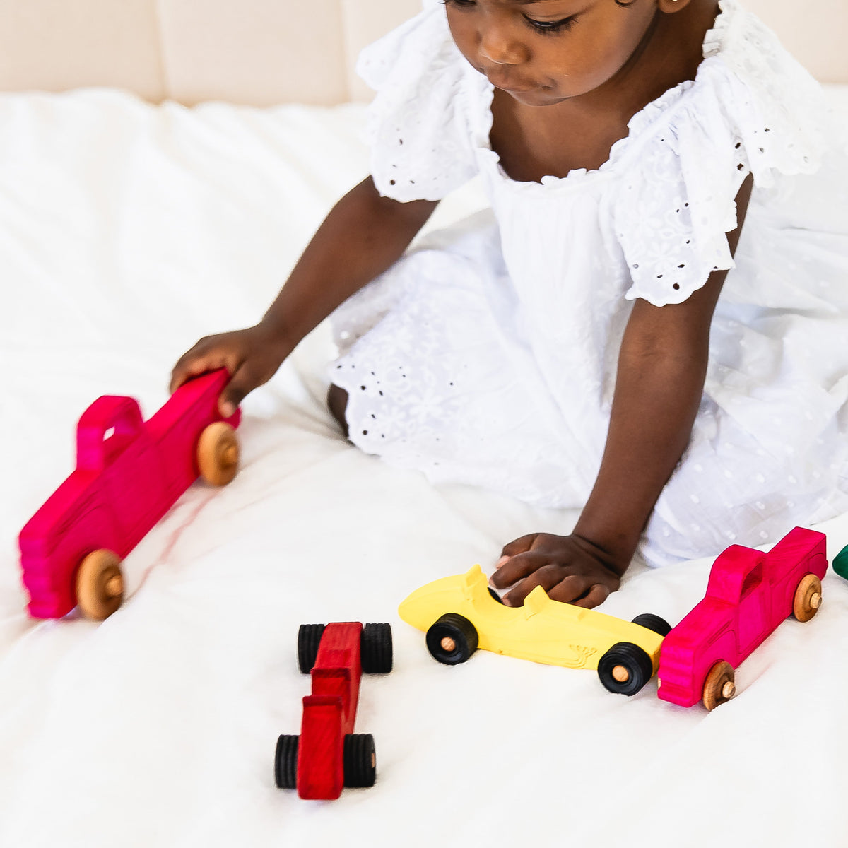 Montessori Educational 9" Pink Daisy Wooden Pickup Truck for Toddlers - view 5